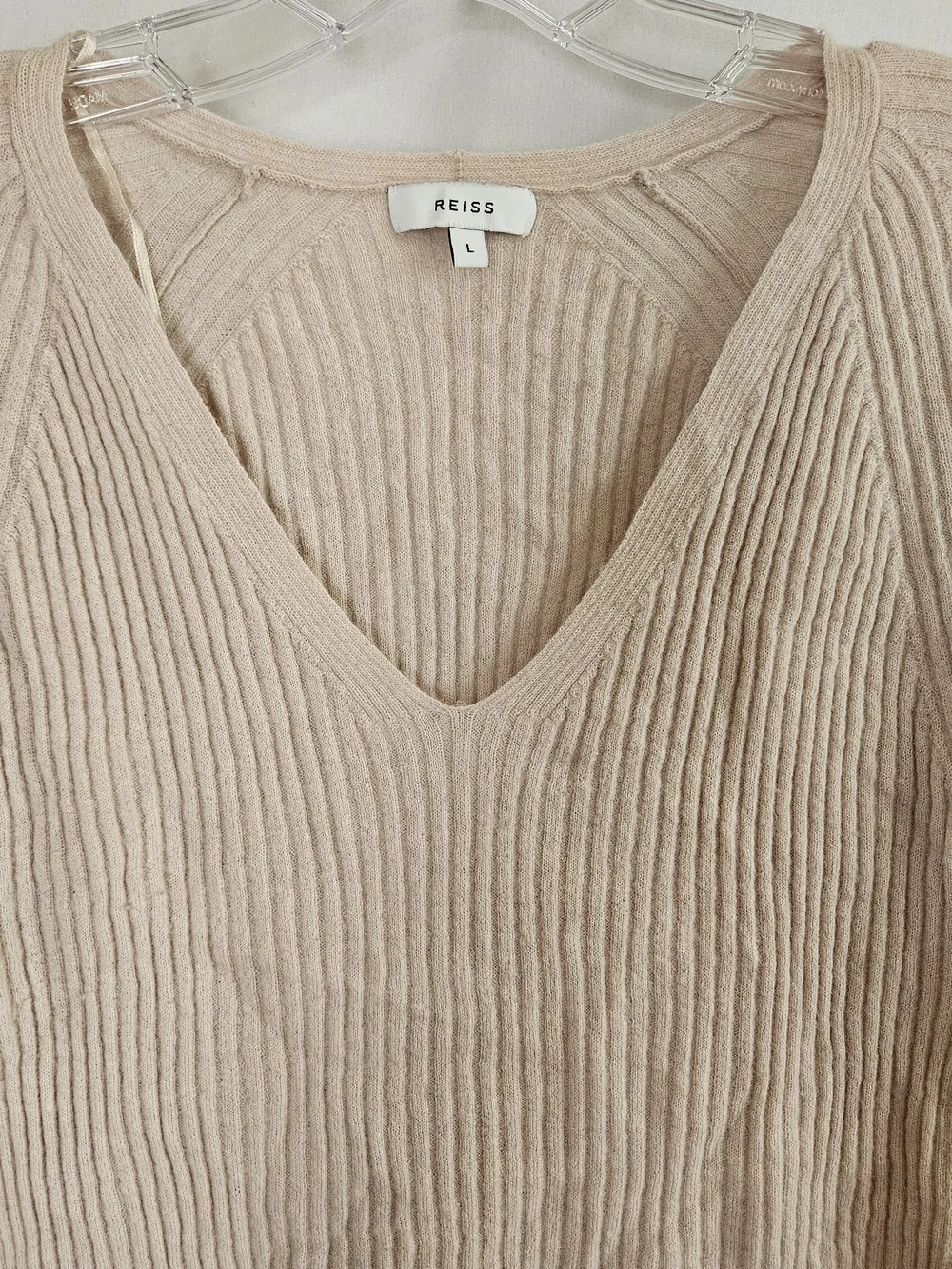 Reiss Ribbed V-Neck Sweater Womens L Beige Wool Alpaca Blend Minimalist Office
